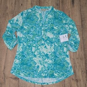 Coral Bay Blue 3/4 Sleeve Mandarin Collar Blouse